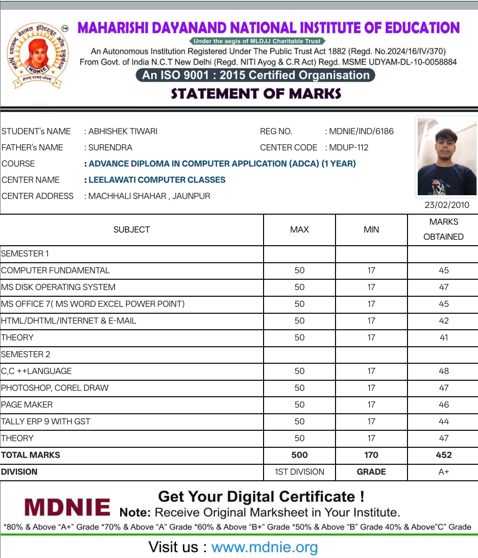 ADCA Marksheet