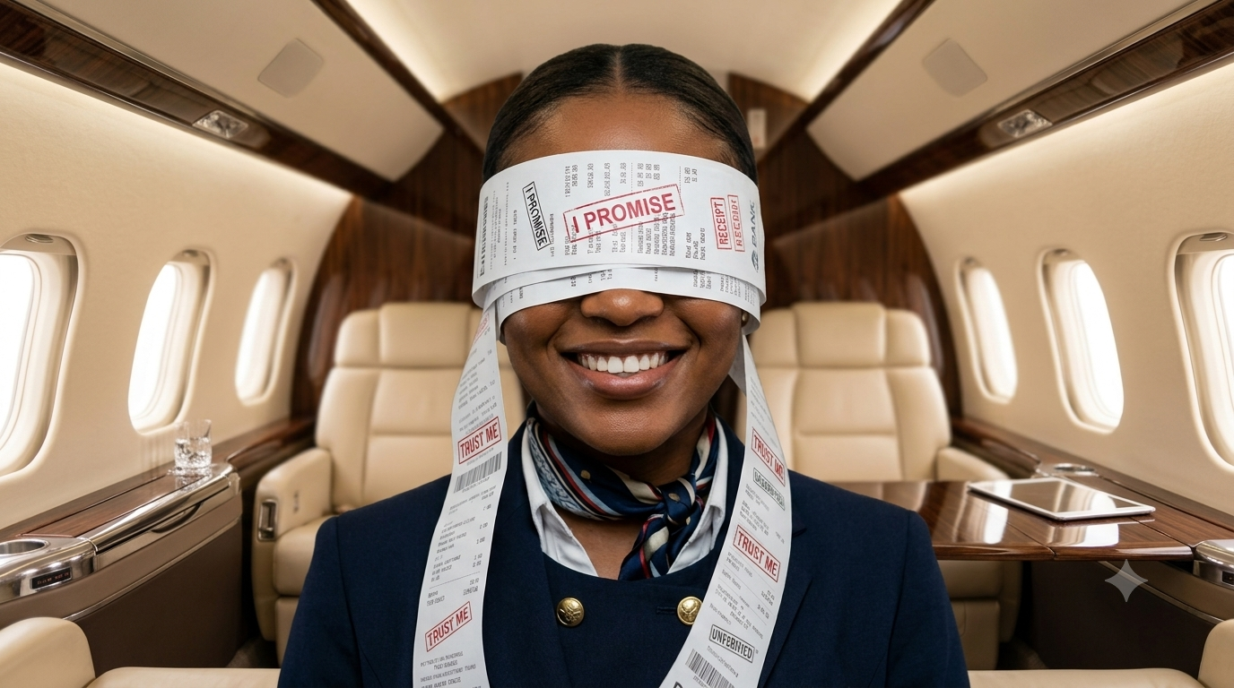 Blindfolded Cabin Crew member smiling with receipt band