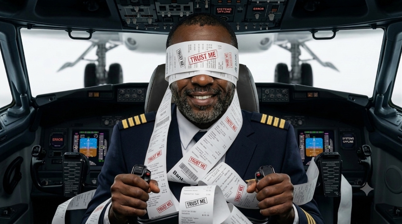 Blindfolded Captain flying on promises