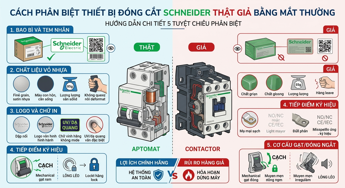 Cách phân biệt thiết bị đóng cắt Schneider thật và giả bằng mắt thường