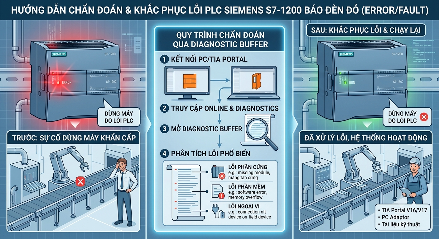 Khắc phục lỗi PLC Siemens S7-1200 báo đèn đỏ ERROR FAULT