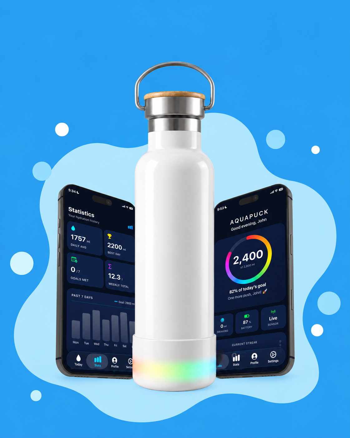 AquaPuck on a water bottle with the companion app on two phones