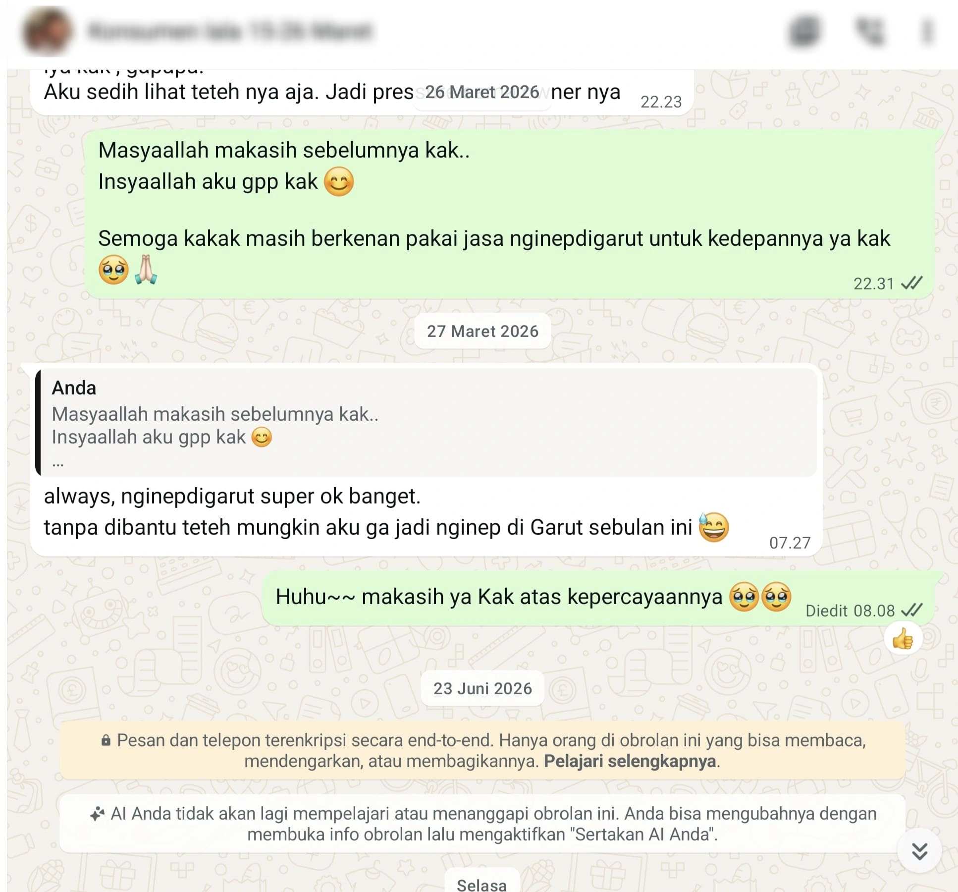 Bukti Chat Testimoni Nginep di Garut