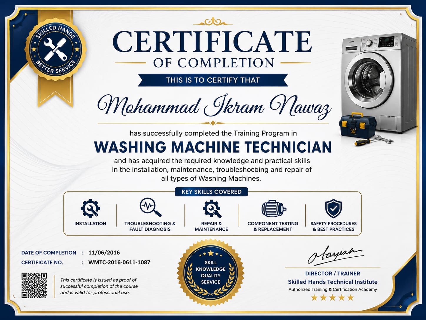 Washing Machine Technician Training Certificate