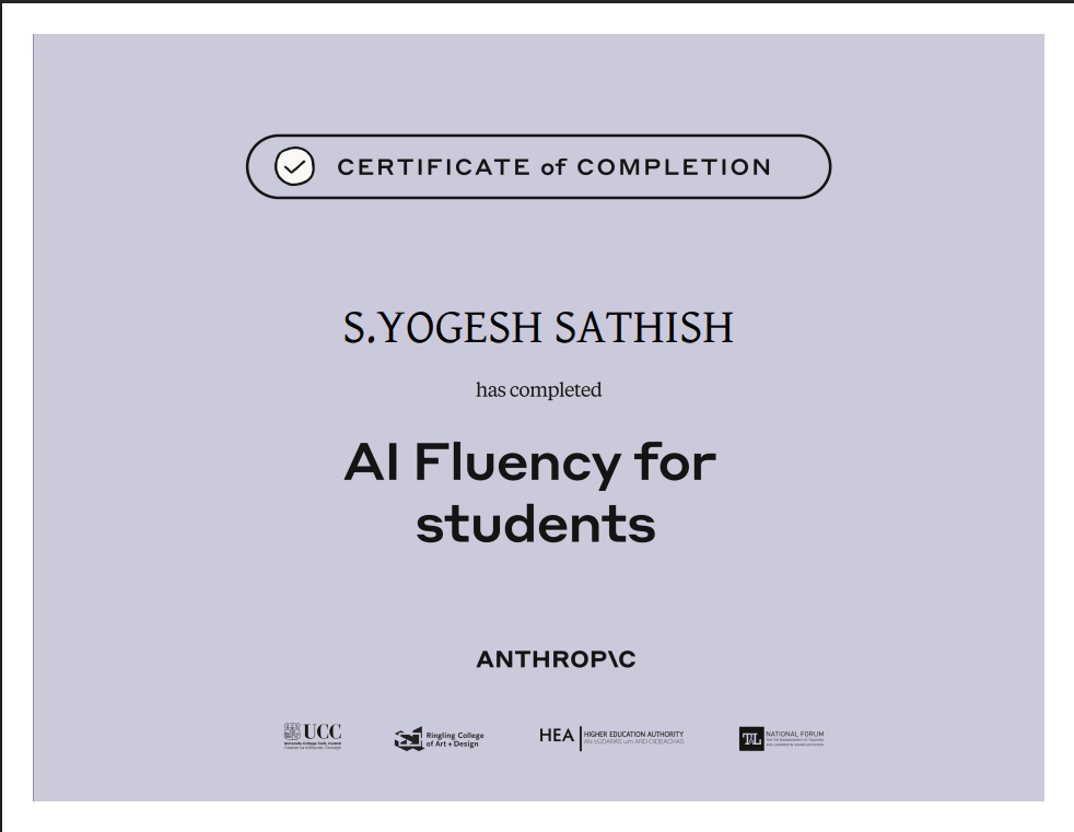 Anthropic Claude AI Fluency for Students certification earned by Yogesh
