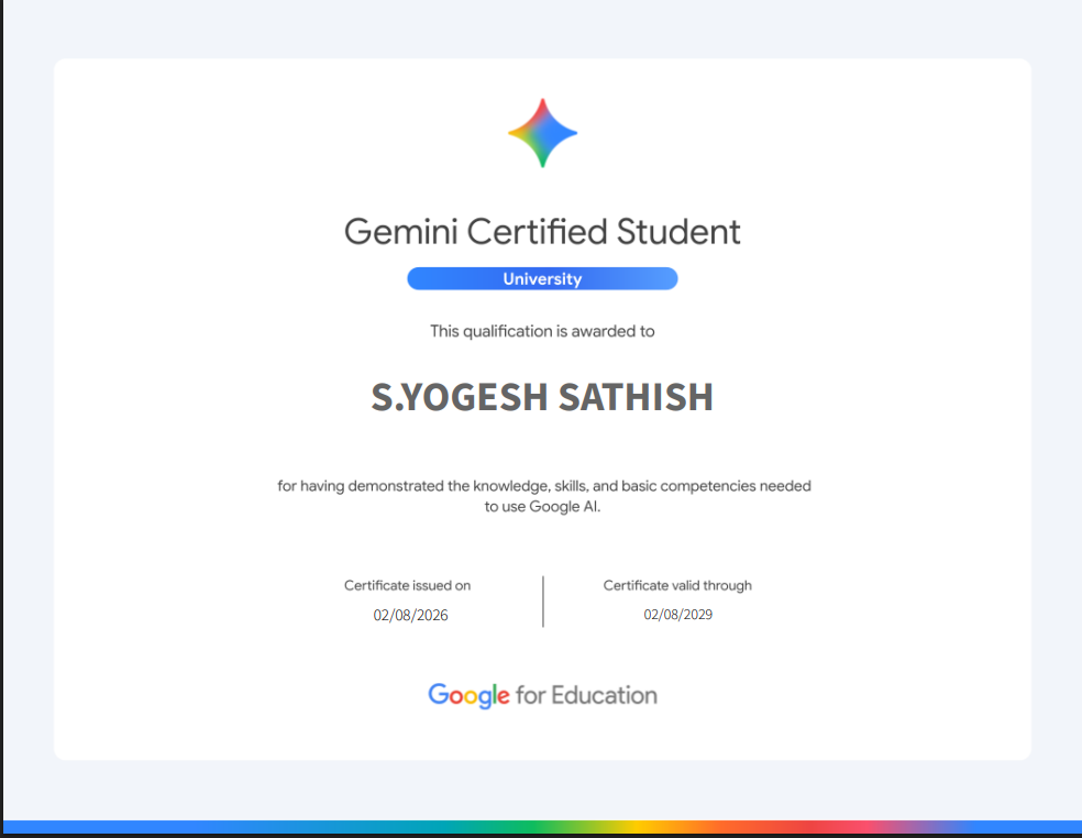Google Gemini AI University Category certification earned by Sathish Yogesh