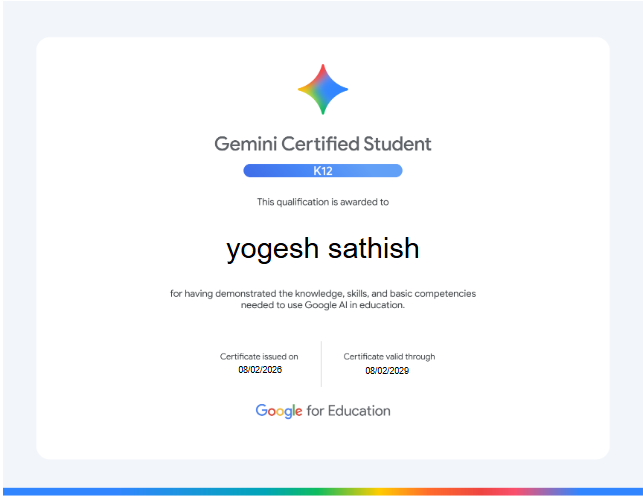 Google Gemini AI for Students certificate earned by Yogesh