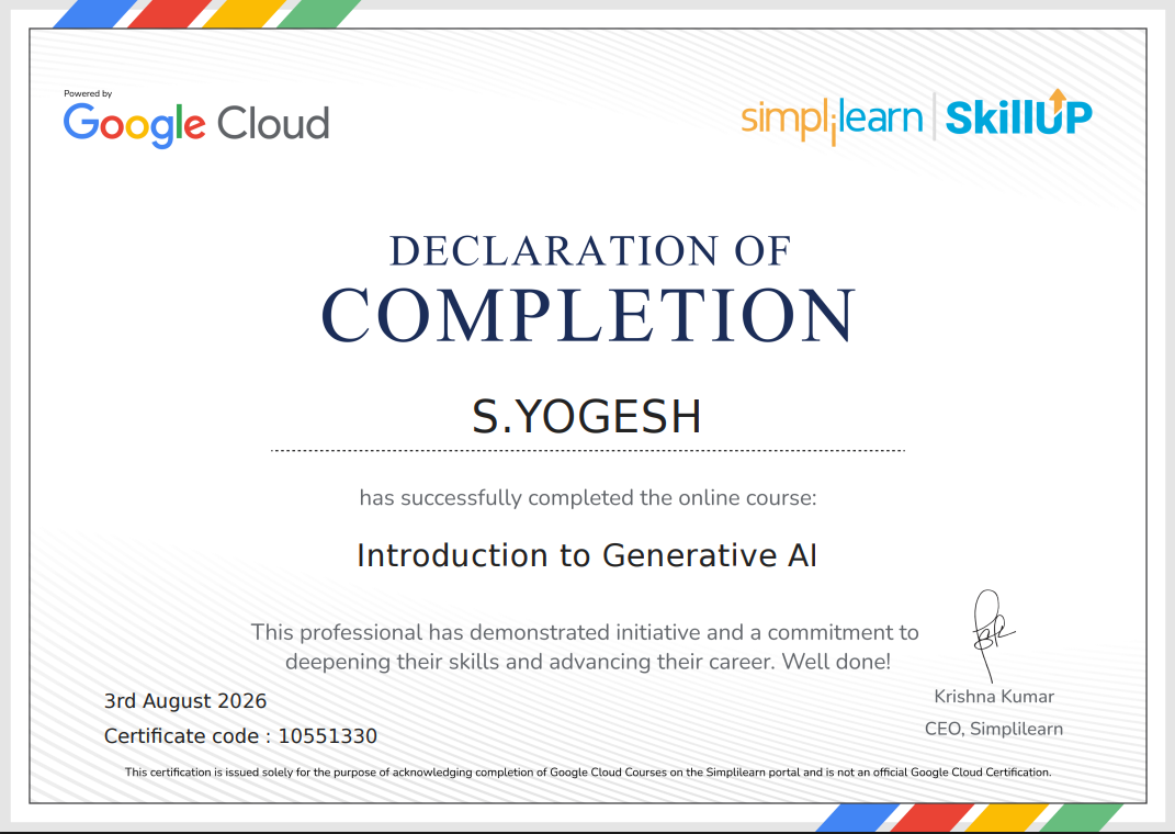 Simplilearn Google Cloud computing fundamentals certificate