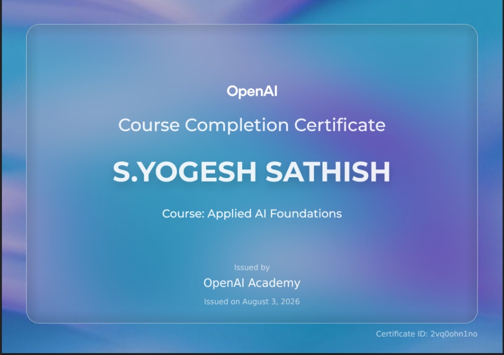 OpenAI ChatGPT prompt engineering and AI certificate earned by Yogesh