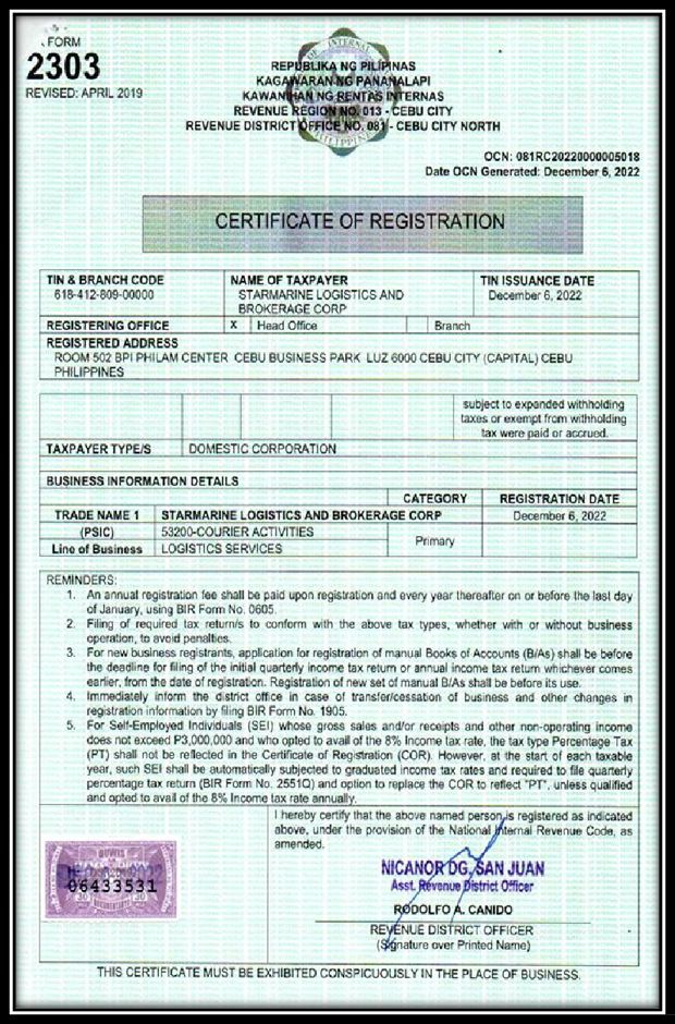 BIR Registration Certificate
